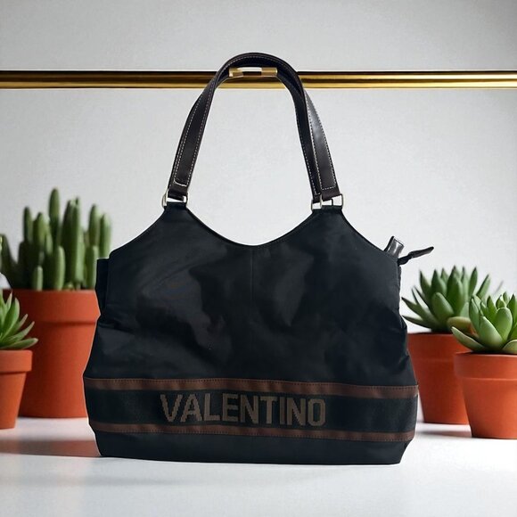 VALENTINO ROSSA Black Brown Logo Shoulder Tote Bag - Picture 1 of 11